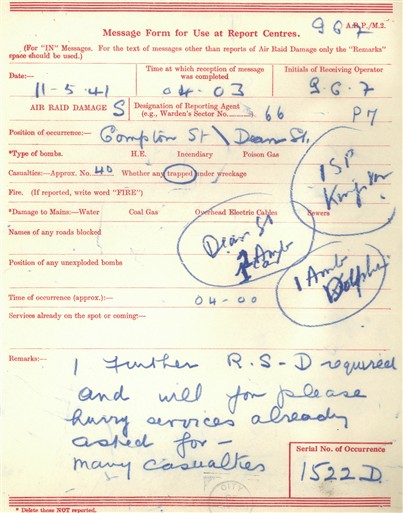 Recovered Civil Defence message form from the West End at War archive