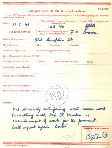 Recovered Civil Defence message form from the West End at War archive