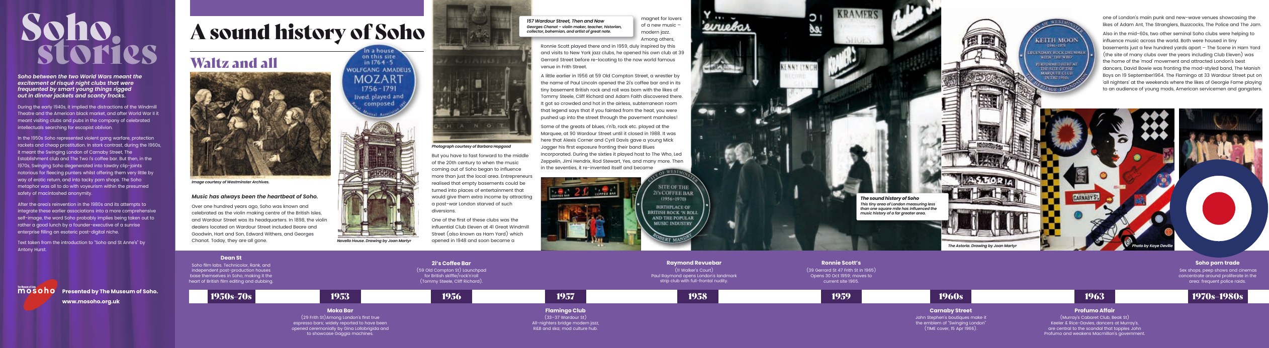 A Sound History of Soho timeline, first panel, covering the 1950s to the 1980s